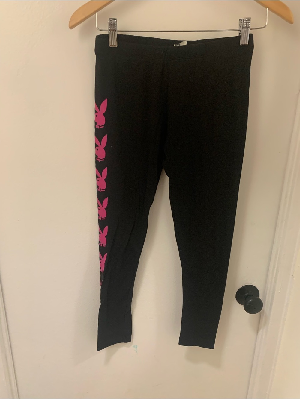 PLAYBOY Women’s Rabbit Head Black Leggings with Pink Bunny Side Print, size S.